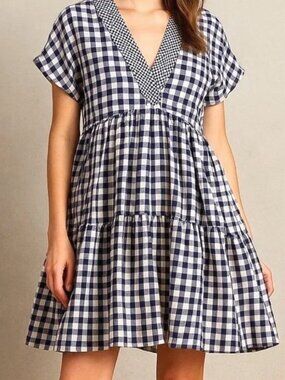 11.1 Tylho NEW Navy Blue White Gingham Plaid Dress Tiered Pockets Check Picnic